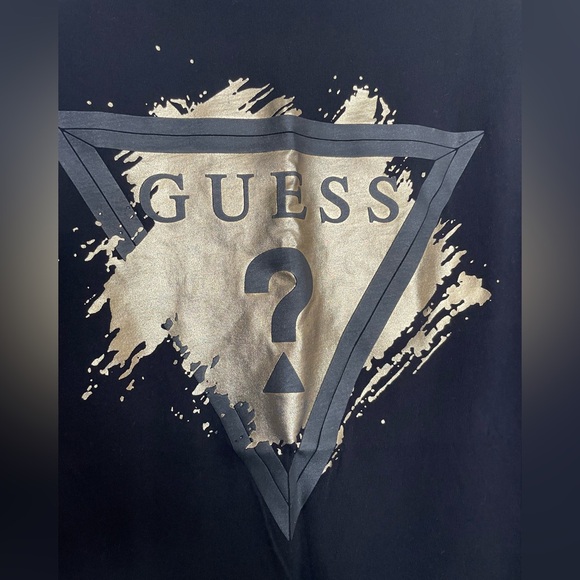 GUESS Black T-Shirt with Gold Triangle Design Size Medium Great Condition - Picture 2 of 4